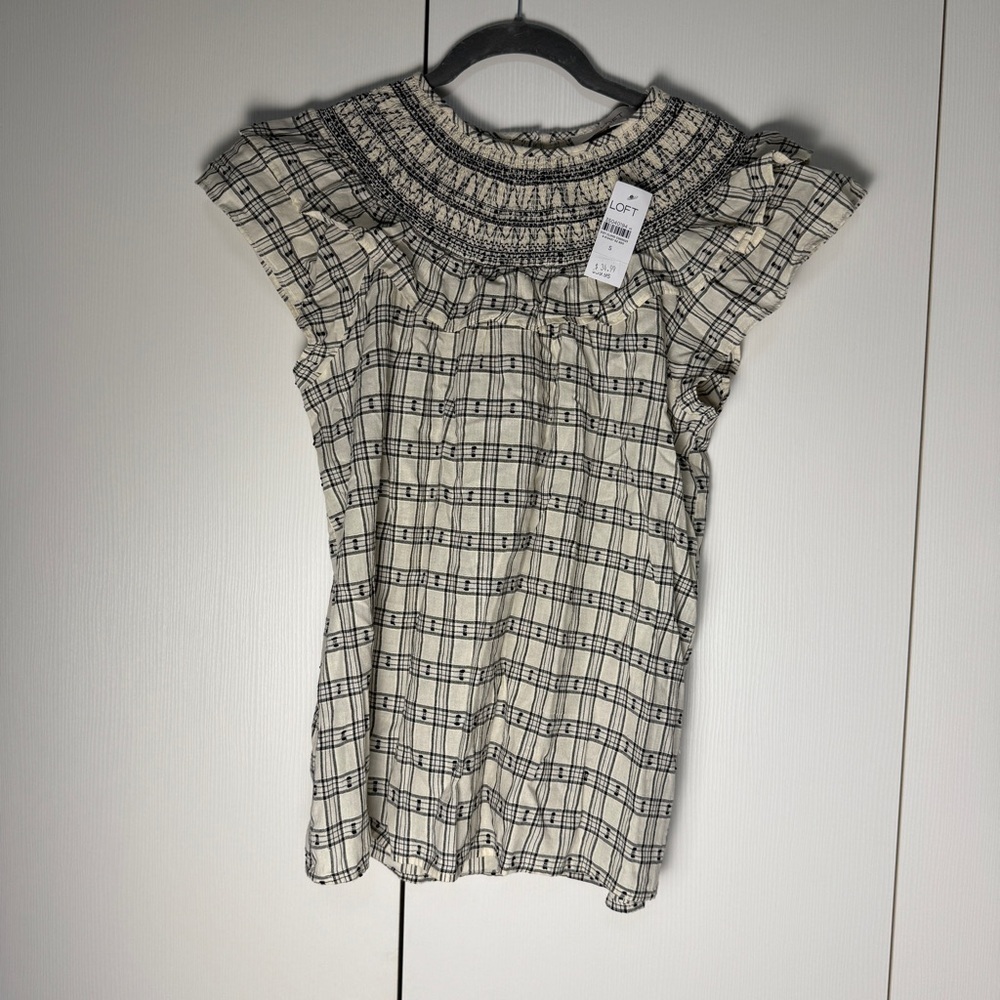 LOFT Black and White Smocked Ruffled Blouse size S